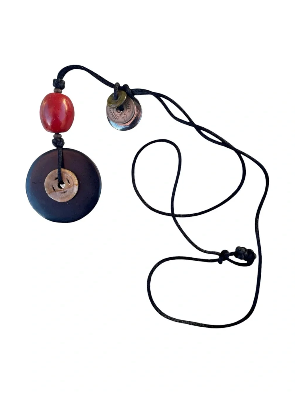Asian Chinese Coin Donut Medallion Pendant Cord Necklace